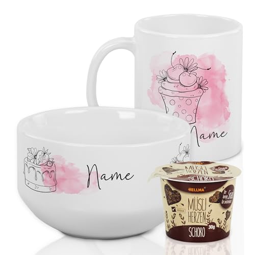 GRAZDesign Müslischale mit Tasse Set mit Namen personalisiert, Süßes Motiv, aus Keramik zum Frühstück inkl. Geschenkbox und Müsli von GRAZDesign
