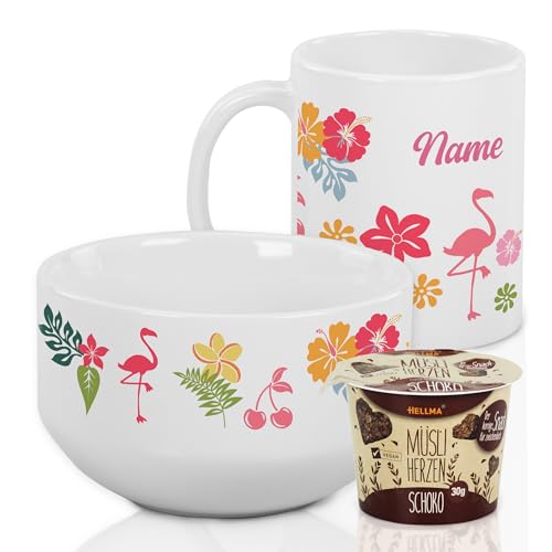 GRAZDesign Müslischale mit Tasse Set mit Namen personalisiert, Tropical Flamingo Frühstück aus Keramik inkl. Geschenkbox und Müsli von GRAZDesign