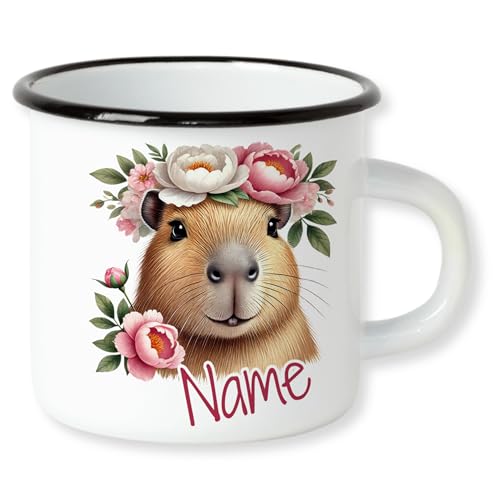 GRAZDesign Personalisierte Emaille Wasserschwein Kindertasse Capybara mit Namen mit Blumen für Mädchen von GRAZDesign