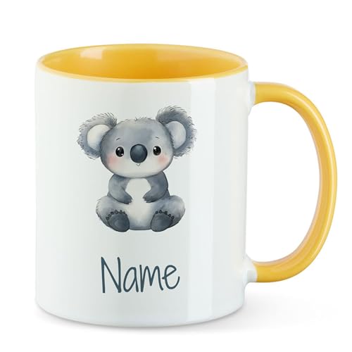 GRAZDesign Personalisierte Kinder Tasse mit Koala - Gelbe Kaffeebecher mit Namen Keramik 330ml von GRAZDesign