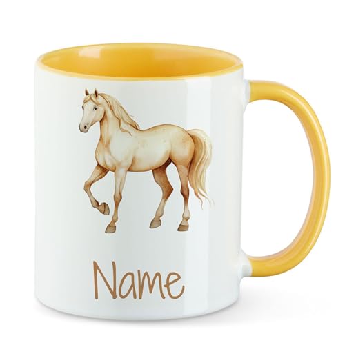 GRAZDesign Personalisierte Kinder Tasse mit Pferd - Gelbe Kaffeebecher mit Namen Keramik 330ml von GRAZDesign