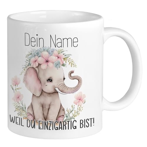 GRAZDesign Personalisierte Tasse Elefant mit Name Weil Du einzigartig bist Kindertasse Namenstasse Kaffeebecher für Frauen Mädchen, Keramik 330ml von GRAZDesign