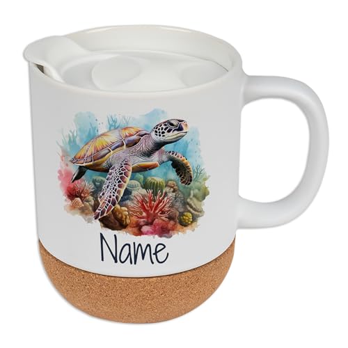 GRAZDesign Personalisierter Kaffeebecher Schildkröte mit Namen – Keramik Becher 330ml mit Korkboden und Deckel, Geschenk für Kinder und Erwachsene von GRAZDesign