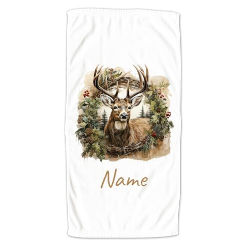 GRAZDesign Personalisiertes Handtuch Hirsch mit Name - Skandinavisch Wald auf Badetuch, Saunatuch - mit Tiermotiv, Wandriss - 140x70cm von GRAZDesign