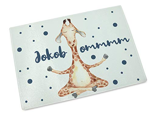 Schneidebrett aus Glas, personalisiert Name für Kinder, Geschenk, Frühstücksbrett Lustige Giraffe von GRAZDesign