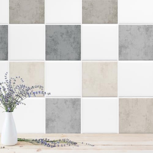GRAZDesign Selbstklebende Fliesenaufkleber Betonoptik Grau Beige - Moderne Wanddekoration PVC Wasserdicht - 15x20cm / 50 Stück von GRAZDesign