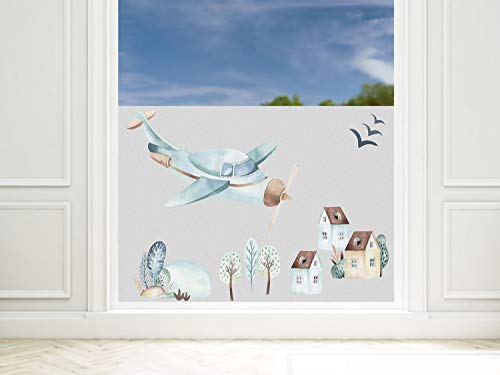 Sichtschutzfolie Kinderzimmer Junge Dinos, Fensterfolie Blickdicht, Milchglasfolie (Flugzeug mit Dorf, 100x57cm) von GRAZDesign