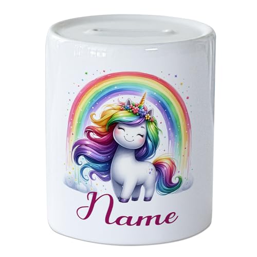 GRAZDesign Spardose Einhorn mit Namen personalisiert, Regenbogen Geldgeschenk für Mädchen, Sparbüchse Keramik von GRAZDesign
