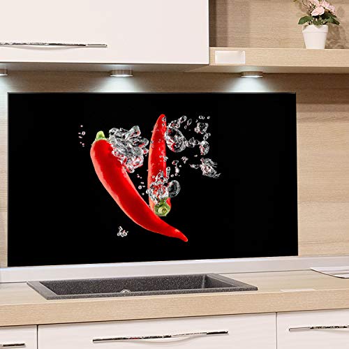 GRAZDesign Spritzschutz Glas für Küche, Herd Bild-Motiv Chili Rot Schwarz Küchenrückwand Küchenspiegel Glasrückwand, Herdblende 4mm ESG Glas (80x60cm) von GRAZDesign