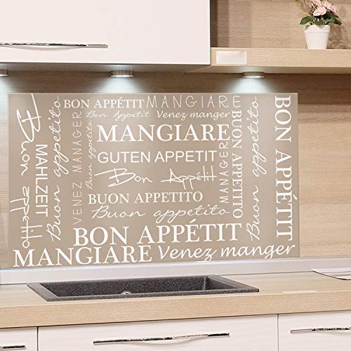 GRAZDesign Spritzschutz Glas für Küche Herd, Bild-Motiv braun Guten Appetit international alle Sprachen, Küchenrückwand Glas Küchenspiegel Glasrückwand / 100x60cm von GRAZDesign