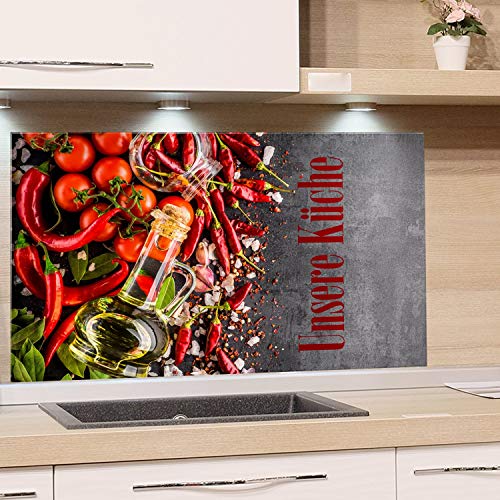 GRAZDesign Spritzschutz Glas für Küchenrückwand Herd, Bild-Motiv unsere Küche, Küchenspiegel Glasrückwand, Grau mediterran Herdblende 4mm ESG Glas / 80x40cm von GRAZDesign