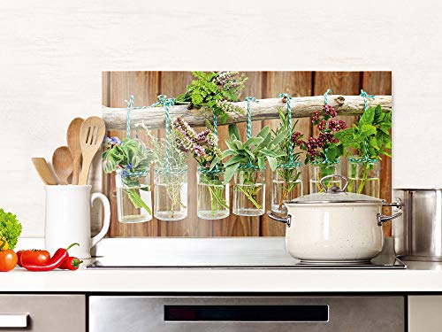 Spritzschutz Küche Glas Frische Kräuter Braun Holz Optik, Küchenrückwand Glas für Herd und Spüle, Rückwand Küche Glasplatte mit Motiv, 80x60cm von GRAZDesign