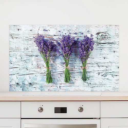 GRAZDesign Spritzschutz Küche Glas Lavendel Grau Holz, Küchenrückwand Glas für Herd und Spüle, Rückwand Küche Glasplatte mit Motiv, 80x60cm von GRAZDesign