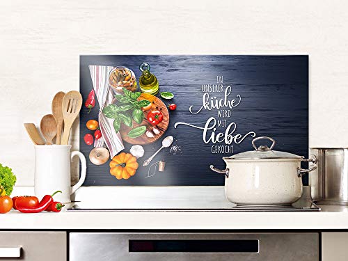 GRAZDesign Spritzschutz Küche Glas Spruch Unsere Küche mit Liebe, grau, Küchenrückwand Glas für Herd und Spüle, Rückwand Küche Glasplatte mit Motiv, 60x60cm von GRAZDesign