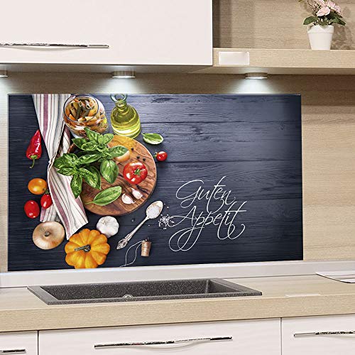 GRAZDesign Spritzschutz Küche Herd, Gemüse auf Holz, dunkelgrau mit Guten Appetit, Küchenrückwand aus Echtglas, Wandschutz Glasbild 4mm ESG Glas / 100x50cm von GRAZDesign