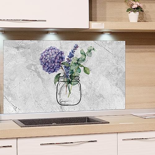 GRAZDesign Spritzschutz Küchenrückwand Glas Küche für Herd & Küchenspüle, Grau Stein Granit mit Blumen | Glasplatte Rückwand Küchenwand Wandschutz | 60x40cm von GRAZDesign
