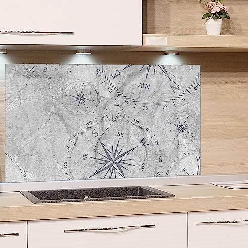 GRAZDesign Spritzschutz Küchenrückwand Glas Küche für Herd & Küchenspüle, Grau Stein mit Kompass | Glasplatte Rückwand Küchenwand Wandschutz | 80x50cm von GRAZDesign