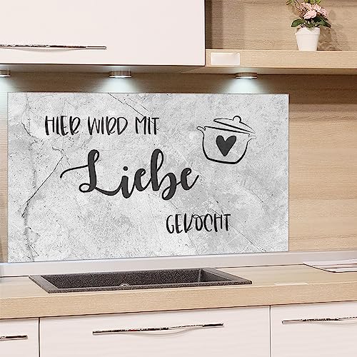 GRAZDesign Spritzschutz Küchenrückwand Glas Küche für Herd & Küchenspüle, Grau Steinoptik und Spruch | Glasplatte Rückwand Küchenwand Wandschutz | 100x50cm von GRAZDesign