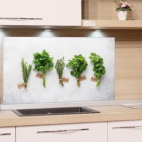 GRAZDesign Spritzschutz Küchenrückwand Glas Küche für Herd & Küchenspüle, Grau mit Kräuter | Glasplatte für Rückwand Küchenwand Wandschutz | 100x50cm von GRAZDesign