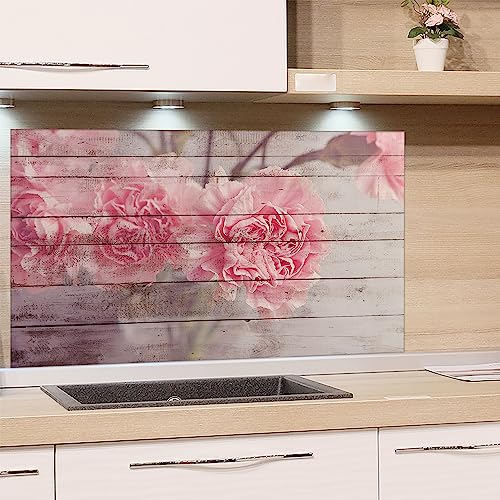 GRAZDesign Spritzschutz Küchenrückwand Glas Küche für Herd & Küchenspüle, Holz Optik mit Blumen | Glasplatte Rückwand Küchenwand | 80x50cm von GRAZDesign