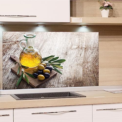 GRAZDesign Spritzschutz Küchenrückwand Glas Küche für Herd & Küchenspüle, Holzoptik mit Oliven | Glasplatte für Rückwand Küchenwand Wandschutz | 100x50cm von GRAZDesign