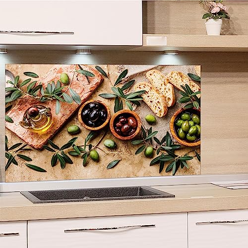 GRAZDesign Spritzschutz Küchenrückwand Glas Küche für Herd & Küchenspüle, Holzoptik mit Oliven | Glasplatte für Rückwand Küchenwand Wandschutz | 80x60cm von GRAZDesign
