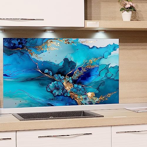 GRAZDesign Spritzschutz Küchenrückwand Glas Küche für Herd & Küchenspüle, Marmor Blau, türkis mit goldenen Linien | Glasplatte Rückwand Küchenwand | 60x60cm von GRAZDesign