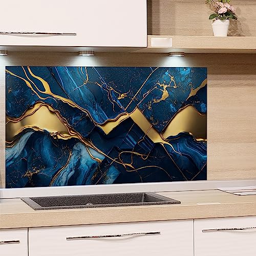 GRAZDesign Spritzschutz Küchenrückwand Glas Küche für Herd & Küchenspüle, Marmor blau mit goldenen Linien | Glasplatte Rückwand Küchenwand | 80x40cm von GRAZDesign
