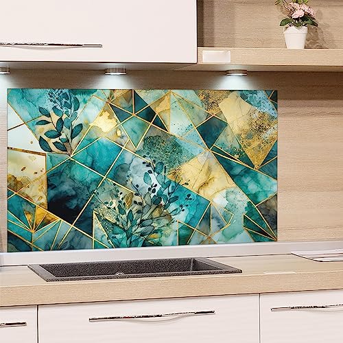 GRAZDesign Spritzschutz Küchenrückwand Glas Küche für Herd & Küchenspüle, Marmor türkis mit goldenen Linien | Glasplatte Rückwand Küchenwand | 80x50cm von GRAZDesign