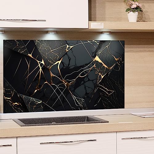 GRAZDesign Spritzschutz Küchenrückwand Glas Küche für Herd & Küchenspüle, Schwarz Granit Optik mit goldenen Linien | Glasplatte Rückwand Küchenwand | 60x40cm von GRAZDesign