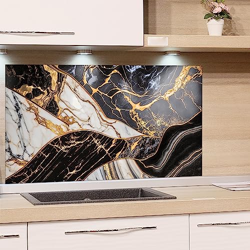 GRAZDesign Spritzschutz Küchenrückwand Glas Küche für Herd & Küchenspüle, Schwarz Marmor Optik mit goldenen Linien | Glasplatte Rückwand Küchenwand | 100x60cm von GRAZDesign