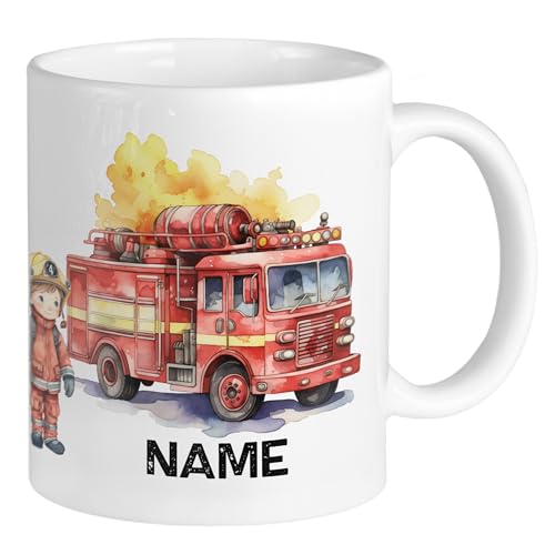 GRAZDesign Tasse Feuerwehr mit Namen personalisiert, Kindertasse Namenstasse Feuerwehrauto Keramik 330ml von GRAZDesign