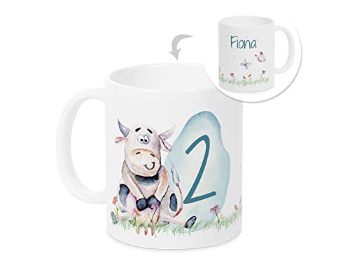 GRAZDesign Kuh Tasse Kindertasse mit Namen und Zahl | Lustige Kuh | personalisierte Tasse Mädchen Junge Trinkbecher Kindergeschirr Becher Keramik BPA-frei, 330ml von GRAZDesign