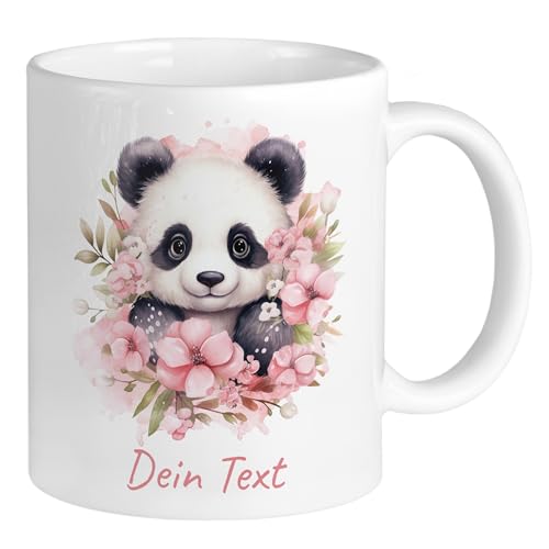 GRAZDesign Tasse Panda Blumen mit Name personalisiert Namenstasse Kindertasse Kaffeebecher Pandabär Keramik 330ml von GRAZDesign