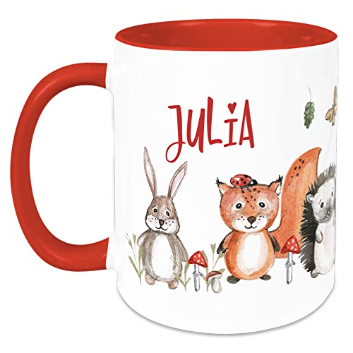 GRAZDesign Tasse mit Namen Kinder, Kindertasse Mädchen Waldtiere Geschenk personalisiert, personalisierte Trinkbecher Kindergeschirr Becher Rot, Keramik, 330ml von GRAZDesign