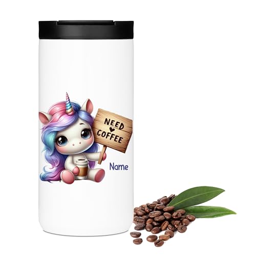GRAZDesign Thermobecher Kaffee to go Einhorn Need Coffee personalisiert mit Namen - lustiges Motiv, Thermobecher 400ml von GRAZDesign