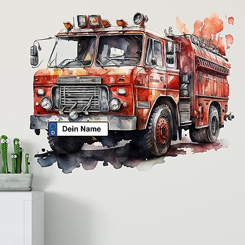 GRAZDesign Wandtattoo Feuerwehr Kinderzimmer Junge mit Namen personalisiert, Wand Aufkleber Tattoo Kinder Auto, Feuerwehrauto Wandaufkleber für Jungenzimmer 51x40cm von GRAZDesign