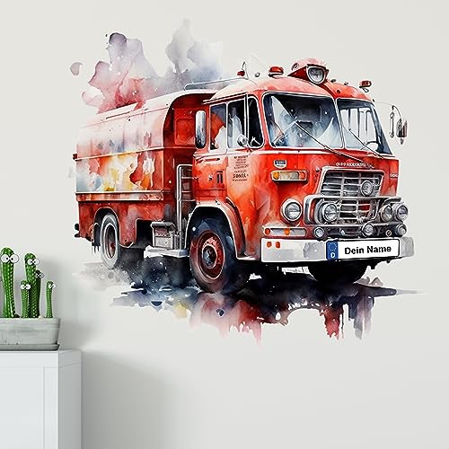 GRAZDesign Wandtattoo Feuerwehr Kinderzimmer Junge mit Namen personalisiert, Wand Aufkleber Tattoo Kinder Auto, Feuerwehrauto Wandaufkleber für Jungenzimmer 54x50cm von GRAZDesign