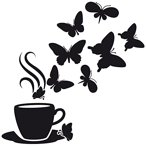 Wandtattoo Kaffee mit Schmetterlingen Wand-Deko Küche Küchenfolie Klebefolie für Küche Küchenrückwand, 40x40cm, 070 schwarz von GRAZDesign