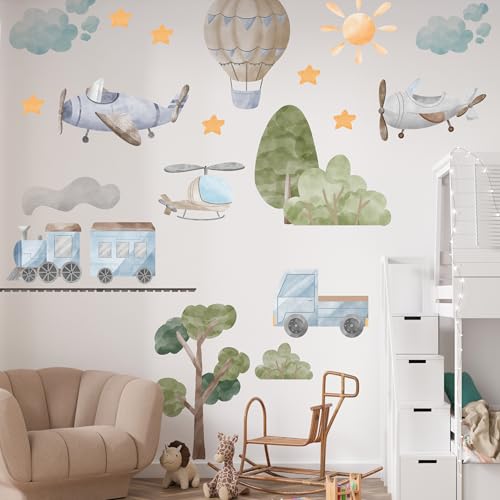 GRAZDesign Wandtattoo Kinderzimmer Deko Set - Wandaufkleber mit Flugzeug, Heißluftballon Abziehbare Wandsticker für Jungen von GRAZDesign