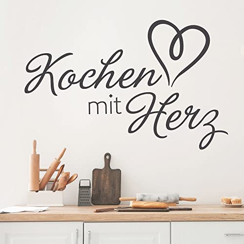 GRAZDesign Wandtattoo Küche Sprüche | Kochen mit Herz | Wandsticker Sticker Esszimmer Wanddeko Coffee Wandaufkleber, Küchenrückwand Küchen Deko Aufkleber selbstklebend, 62x40cm, 070 schwarz von GRAZDesign