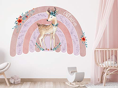 GRAZDesign Wandtattoo Regenbogen Kinderzimmer mit Namen personalisiert, Wandsticker Babyzimmer Kinder Aufkleber, Tiere Reh für Jungen und Mädchen - 45x30cm von GRAZDesign