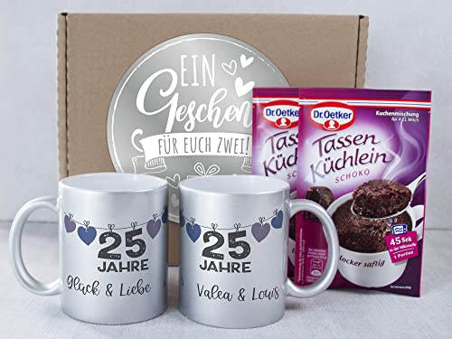 GRAZDesign Silberhochzeit Geschenk, Tassen Silber mit Namen und Datum personalisiert, 25 Jahre Glück und Liebe als Geschenkbox Keramik 330ml von GRAZDesign