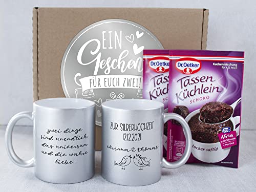 GRAZDesign Silberhochzeit Geschenk, Tassen Silber mit Namen und Datum personalisiert, Tassenkuchen, 25 Jahre wahre Liebe als Geschenkbox Keramik 330ml von GRAZDesign