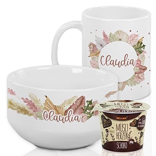 GRAZDesign Geschenkset Erwachsene Frühstücksset mit Müslischale und Tasse, Kaffeetasse, Frühstücks-Geschirr-Set, mit Namen personalisiert Blumen mit Namen, Keramik von GRAZDesign