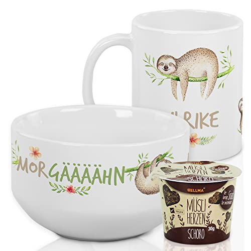 GRAZDesign Geschenkset Erwachsene Frühstücksset mit Müslischüßel und Tasse, Frühstücks-Geschirr-Set, mit Namen personalisiert Lustige Müslischale Faultier mit Spruch, Keramik von GRAZDesign