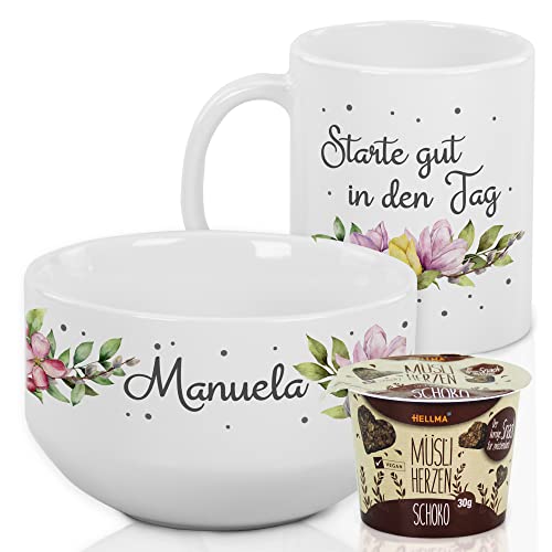 GRAZDesign Geschenkset Erwachsene Frühstücksset mit Müslischale und Tasse, Frühstücks-Geschirr-Set, mit Namen personalisiert (Starte Gut in Den Tag) von GRAZDesign