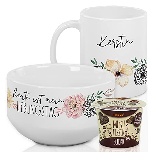 GRAZDesign Frühstücksset mit Müslischale und Tasse, Frühstücks-Geschirr-Set, mit Namen personalisiert Spruch Heute Ist Mein Lieblingstag und Blumen, Keramik, Geschenkset Erwachsene von GRAZDesign