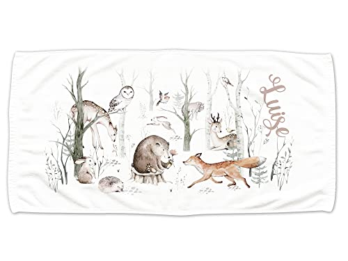 GRAZDesign Kinder Handtuch mit Namen, Waldtiere im Wald, Badetuch für Mädchen von 2-10 Jahren Strand / 100x50cm von GRAZDesign