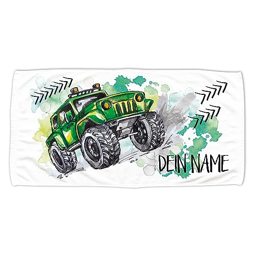 GRAZDesign Kinder Handtuch mit Namen Badetuch für Jungen Teenager von 2-14 Jahren Strand / 140x70cm Monstertruck in grün von GRAZDesign